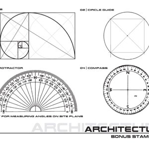 May include: Black and white illustration of four architectural tools: a golden ratio spiral, a circle guide, a protractor, and a compass. The text "GREAT FOR MEASURING ANGLES ON SITE PLANS" is below the protractor. The text "ARCHITECTURE BONUS STAMPS 06" is at the bottom of the image.