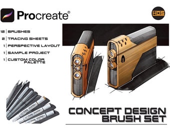 Concept Sketch Tool brush set for Procreate. Copic Style Alcohol Markers, Sketch pens, digital Trace Papers and Perspective Guide.
