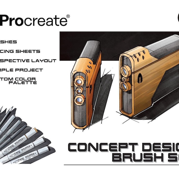 Conjunto de pinceles Concept Sketch Tool para Procreate. Marcadores de alcohol estilo Copic, bolígrafos para dibujar, papeles de calco digitales y guía de perspectiva.