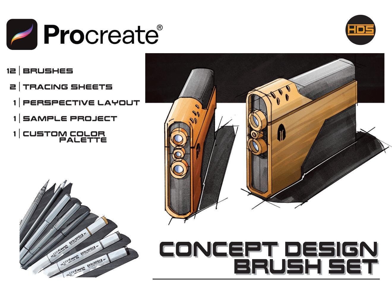 Juego de pinceles Concept Sketch Tool para Procreate – Marcadores con alcohol estilo Copic, rotuladores de boceto, papel vegetal y guía de perspectiva