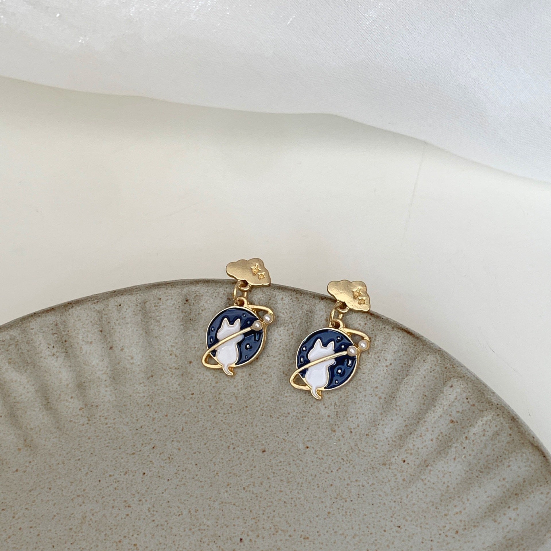 Cute Cat Clip on Earrings Clould With Blue Stud Etsy