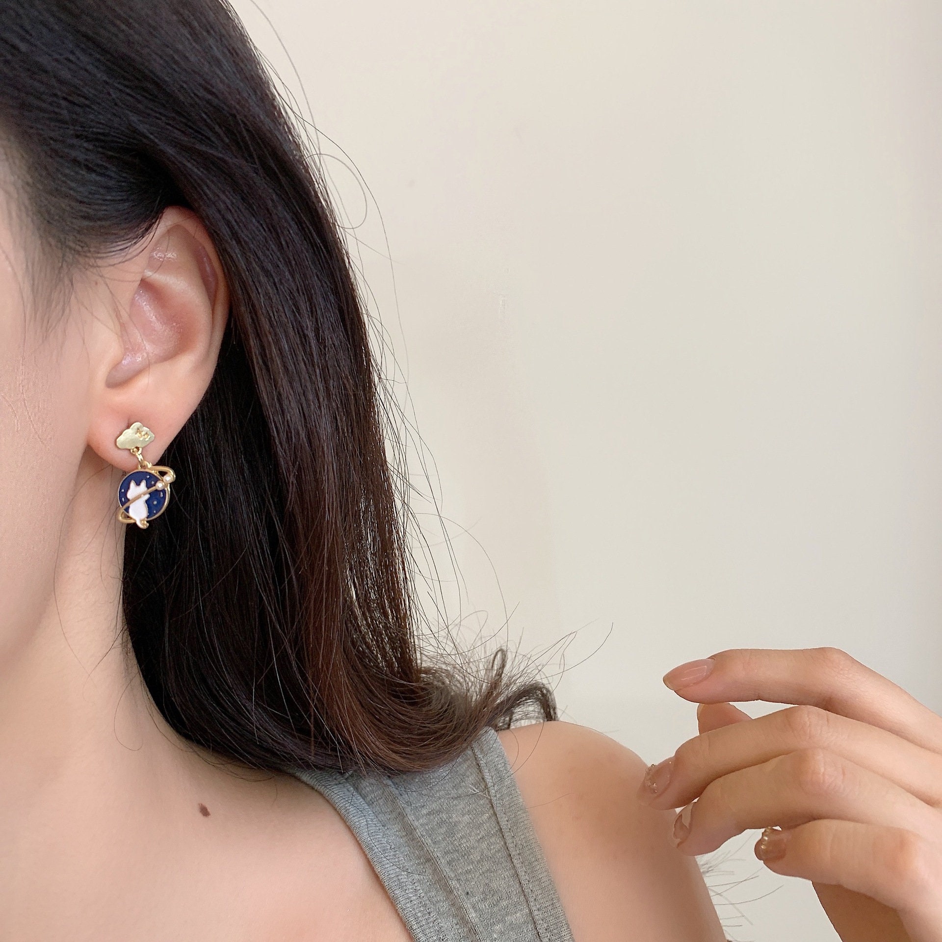 Cute Cat Clip on Earrings Clould With Blue Stud Etsy