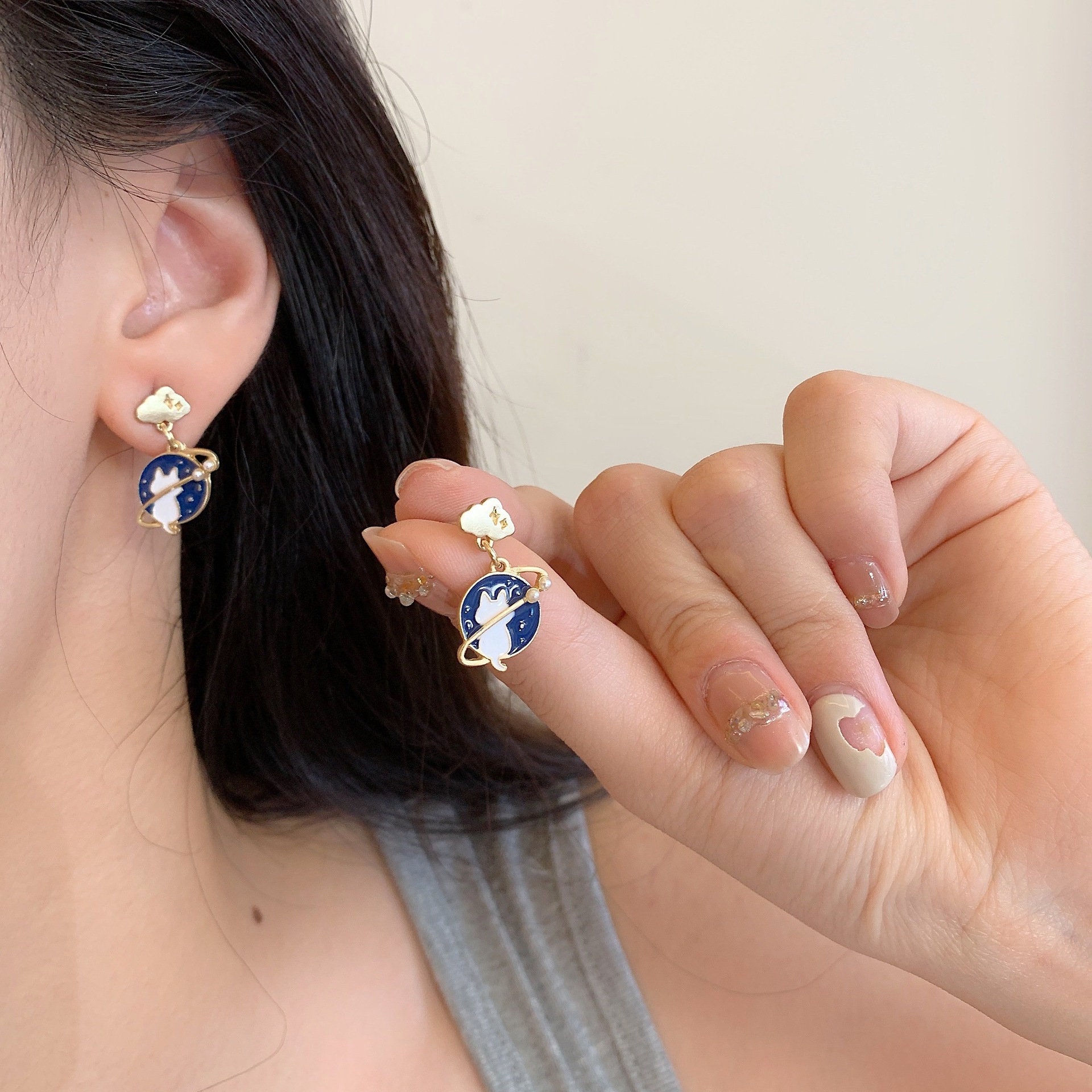 Cute Cat Clip on Earrings Clould With Blue Stud Etsy