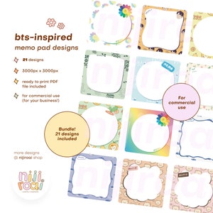 BTS Theme Memo Pad Wydrukowany cyfrowy notatnik Goodnotes Projekt KPOP Artykuły piśmiennicze Użytek komercyjny Arkusze do prowadzenia dziennika Przypomnienie Lista rzeczy do zrobienia Album ze zdjęciami
