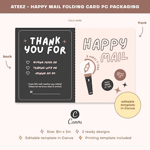 Tarjeta fotográfica imprimible con mensaje feliz de Kpop Ateez, sobre para empaquetar, tarjeta de agradecimiento editable, correo comercial, plantilla de papelería plegable para cargador superior