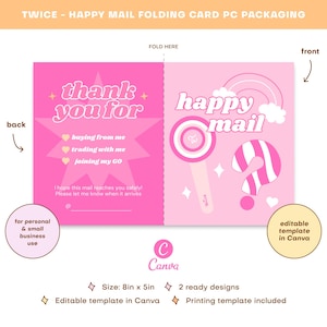 Plantilla de sobre de embalaje de tarjeta fotográfica imprimible con mensaje feliz de Twice Kpop, tarjeta de agradecimiento editable, papelería plegable para intercambio, cargador superior lindo