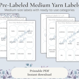 Pode incluir: Etiquetas de fios PDF imprimíveis com categorias pré-rotuladas. As etiquetas são de tamanho médio, medindo 5,08 cm x 7,62 cm. As categorias incluem Neutros, WIPS, Finalizado, Precisa Começar, Ganchos, Acrílico, Algodão e Lã. Prontas para usar.