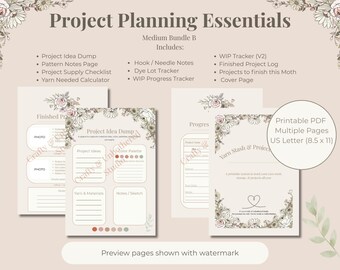 Op de afbeelding: Een afdrukbare projectplanningsbundel met pagina's voor projectideeën, notities en het volgen van de voortgang. Inclusief een garencalculator en een projectchecklist. De pagina's zijn US Letter formaat (21,6 x 27,9 cm).