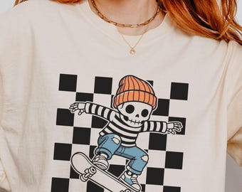 Skateboard Skeleton PNG, Retro Skateboarding Checkered Skeleton Sublimation Clipart Digital Download Shirt Design Grafik Art