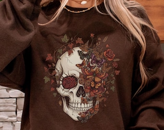 Gotische boho-schedel en vlinders PNG, Witchy Moth bloemen vlinderschedel, skeletbloemen, digitale download, shirtontwerp, grafische kunst
