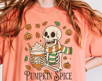 Divertente scheletro amante delle spezie di zucca PNG, bevanda al caffè autunnale, sublimazione autunnale retrò, download digitale, grafica per magliette