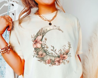 Boho Flower Moon PNG, Aesthetic Mystical Crescent Moon Wild Flower, Sublimation Instant Download Digital Download Shirt Design Graphic Art