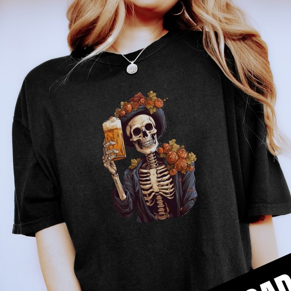 Skeleton With Beer PNG, Funny Oktoberfest Beer Drinking Skull Sublimation, Instant Download, Digital Download, Shirt Design Graphic Art