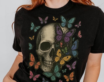 Schedel en vlinders PNG, vlinderschedel, skeletbloemen, Instant Download, Digitale download, Shirtontwerp, Grafische kunst