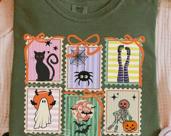 Retro Preppy Halloween Stamps PNG, Cute Spooky Season, Fall Ghost Witch PNG, Pumpkin Black Cat Skeleton Digital Download Shirt Design