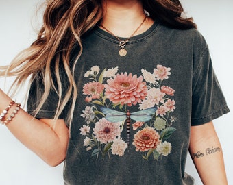 Libelle Boho Dahlie Blumen PNG, Cottagecore Gartenblume, Natur Botanische Blumen, Sublimation Digital Download, Shirt Design Grafik Kunst
