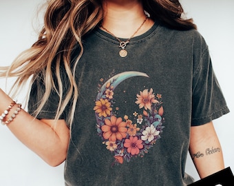 Boho Floral Moon PNG, Aesthetic Mystical Crescent Moon Wild Flower, Sublimation Instant Download Digital Download Shirt Design Graphic Art