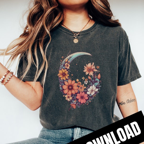 Boho Floral Moon PNG, Aesthetic Mystical Crescent Moon Wild Flower, Sublimation Instant Download Digital Download Shirt Design Graphic Art