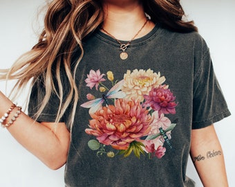 Libelle Boho Dahlie Blumen PNG, Cottagecore Gartenblume, Natur Botanische Blumen, Sublimation Digital Download, Shirt Design Grafik Kunst