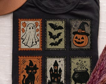 Retro Halloween Stamps PNG, Spooky Season, Fall PNG, Pumpkin Black Cat Halloween Sublimation, Digital Download Shirt Design Graphic Art