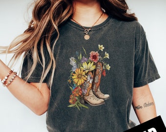 Cowgirl Boots Wildflowers PNG, Boho Wild Floral Western Cowboy, Sublimation Instant Download, Digital Download, Shirt Design, Graphic Art