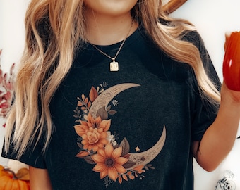 Boho Floral Moon PNG, Fall Vibes Mystical Crescent Moon Wild Flower, Sublimation Instant Download Digital Download Shirt Design Graphic Art