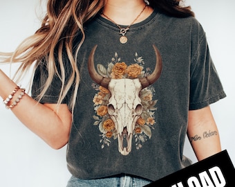 Boho Cow Skull Floral PNG, Western Desert Wild West Sublimation, Clipart, Instant Download, Digital Download, Shirt Design Graphic Art