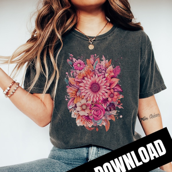 Pink Flowers Western Boho PNG, Aesthetic Wild Flower Botanical Floral Sublimation Instant Download Digital Download Shirt Design Graphic Art