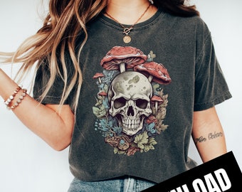 Skull And Mushrooms PNG, Hippie, Spooky, Cottagecore Skull Sublimation, Instant Download, Digital Download, Shirt Design Graphic Art