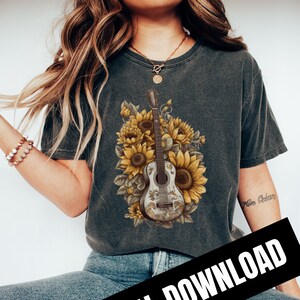 Gitaar zonnebloem PNG, muziekliefhebbers, westerse countrymuziek, bloemen boho, Instant Download, digitale download, shirtontwerp, grafische kunst