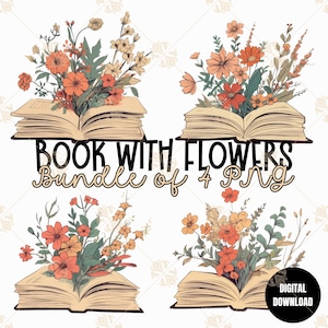 Book With Flowers Bundle of 4 PNG, Book Lover Cottagecore Floral, Bookworm Teacher Clipart, Sublimation, Instant Download, Digital Download