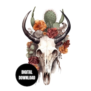 Cow Skull Cactus Floral PNG, Western Desert Wild West Sublimation, Clipart, Instant Download, Digital Download, Shirt Design Graphic Art