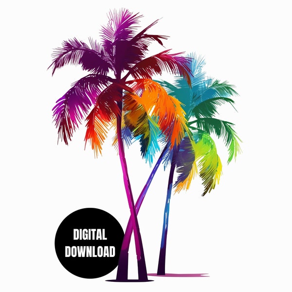 Palm Trees PNG, Vibrant Colors Tropical Palm Tree, Summer Design, Sublimation Instant Download, Digital Download, Shirt Design, Graphic Art