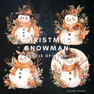 Pacchetto pupazzo di neve di Natale di 4 PNG, grazioso pupazzo di neve acquerello di Natale Clipart Bundle, sublimazione, download immediato, grafica per biglietti di auguri con design per magliette
