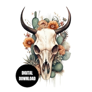 Cow Skull Cactus Floral PNG, Western Desert Wild West Sublimation, Clipart, Instant Download, Digital Download, Shirt Design Graphic Art