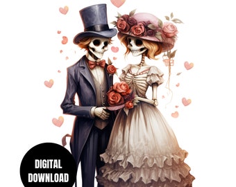 May include: A digital illustration of a skeleton couple dressed in wedding attire. The groom is wearing a black suit with a top hat and bow tie. The bride is wearing a white dress with a pink hat and flowers. They are holding a bouquet of red roses. The background is white with pink hearts.