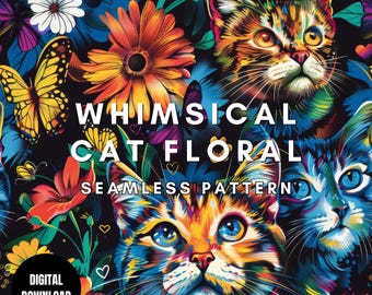 Cat Floral Whimsical Seamless Pattern JPG, Kitten Mom Repeating Pattern, Patterns For Fabrics, Digital Pattern For Crafting Design Projects