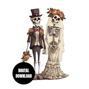 Bride And Groom Skeleton PNG, Cute Gothic Wedding Couple Sublimation Clipart Instant Download, Digital Download, Shirt Design Graphic Art