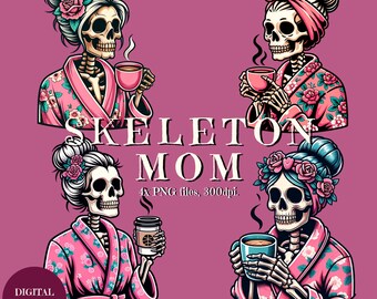 Paquete de 4 PNG de mamá esqueleto con café, esqueleto divertido del Día de la Madre, linda calavera rosa de mamá, sublimación, descarga digital instantánea