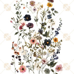May include: A watercolor painting of a bouquet of wildflowers in shades of pink, blue, yellow, and purple. The flowers are arranged in a loose, natural style, and the background is white.