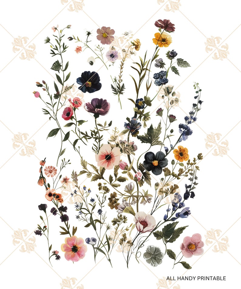 May include: A watercolor painting of a bouquet of wildflowers in shades of pink, blue, yellow, and purple. The flowers are arranged in a loose, natural style, and the background is white.