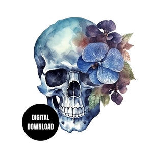 May include: A watercolour painting of a human skull with blue and purple flowers. The skull is painted in a light blue colour and the flowers are arranged around the skull's head.