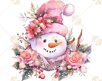 Puede incluir: Un muñeco de nieve rosa y blanco con un sombrero rosa y una bufanda. El muñeco de nieve está rodeado de flores rosas, hojas verdes y bayas blancas.