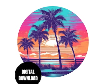 Palm Trees Tropical Sunset PNG, Retro Style, Beach Holiday, Summer Shirt Design, Sublimation Instant Download, Digital Download, Graphic Art