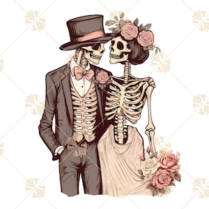 Bride And Groom Skeleton Floral PNG, Vintage Wedding Couple Love Sublimation Clipart Instant Digital Download, Shirt Design Graphic Art