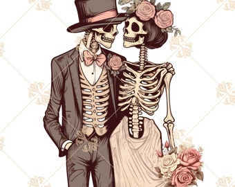 May include: A skeleton couple dressed in wedding attire. The groom wears a black suit with a top hat and bow tie. The bride wears a white dress with a floral crown. They are looking at each other with a romantic expression.