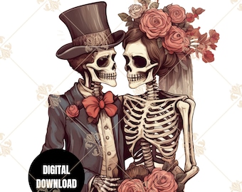 May include: A digital illustration of a skeleton couple dressed in wedding attire. The groom wears a top hat and bow tie, while the bride has a floral crown and veil. They are holding a bouquet of red roses.