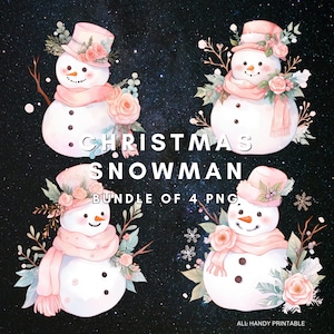 Pacchetto di 4 pupazzo di neve rosa PNG, simpatico pupazzo di neve acquerello di Natale Clipart Bundle, sublimazione, download immediato, grafica per biglietti di auguri con design per magliette