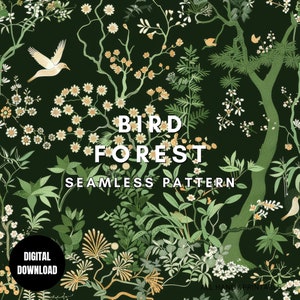 May include: A seamless pattern featuring a dark green background with white and yellow flowers, green leaves, and white birds. The text "Bird Forest Seamless Pattern" is in the center of the image.