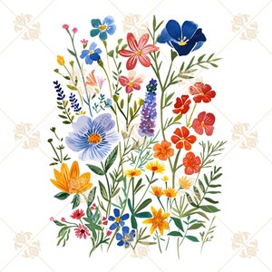 May include: A watercolor painting of a bouquet of colorful wildflowers. The flowers are in shades of blue, red, orange, and yellow. The flowers are arranged in a loose, natural style.